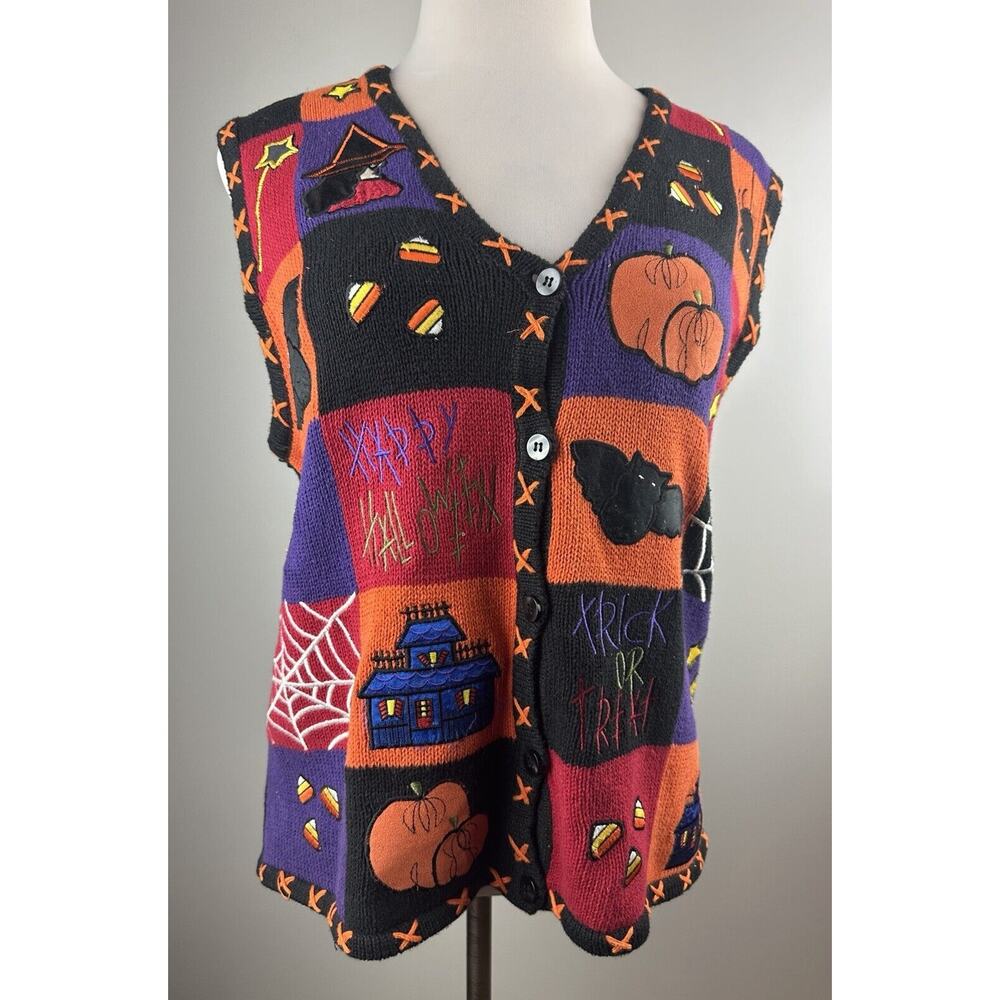 Bobbie Brooks Halloween Knit Vest Trick Or Treat Pumpkin Patch Color Block Large - Picture 12 of 12